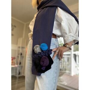 Bracciolini Italian Knitted scarf decorated with pompoms embroidery and velvet